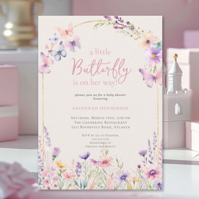 Invitation Aquarelle Papillon rose Baby shower floral (Créateur téléchargé)