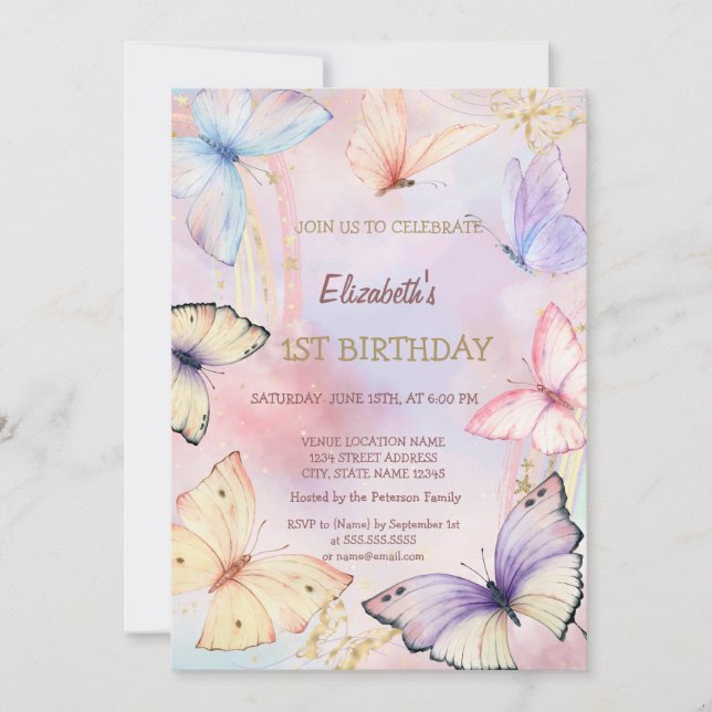 Invitation Aquarelle Papillons colorés Rainbow Anniversaire (Devant)