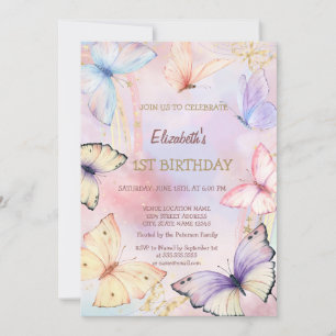 Invitation Aquarelle Papillons colorés Rainbow Anniversaire