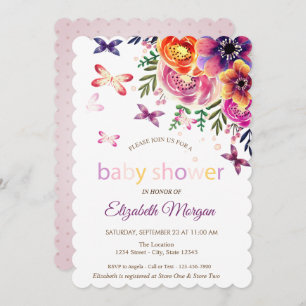 Invitation Aquarelle Papillons Points Baby shower Floral