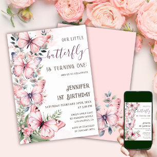 Invitation Aquarelle Papillons rose 1er Anniversaire Papillon