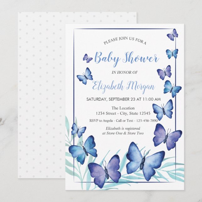 Invitation Aquarelle Papillons Violets Points Baby Shower (Devant / Derrière)