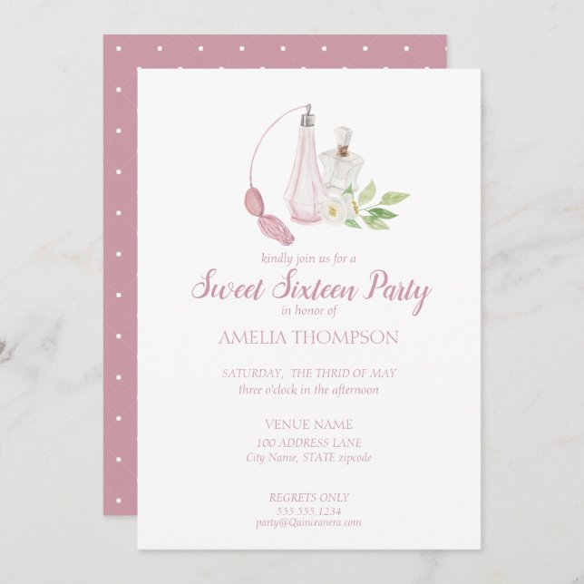 Invitation Aquarelle Parfum Sweet sixteen bouteille Anniversa (Devant / Derrière)