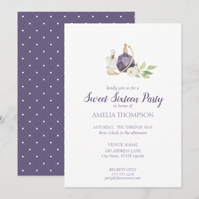 Invitation Aquarelle Parfum Sweet sixteen bouteille Anniversa (Devant / Derrière)