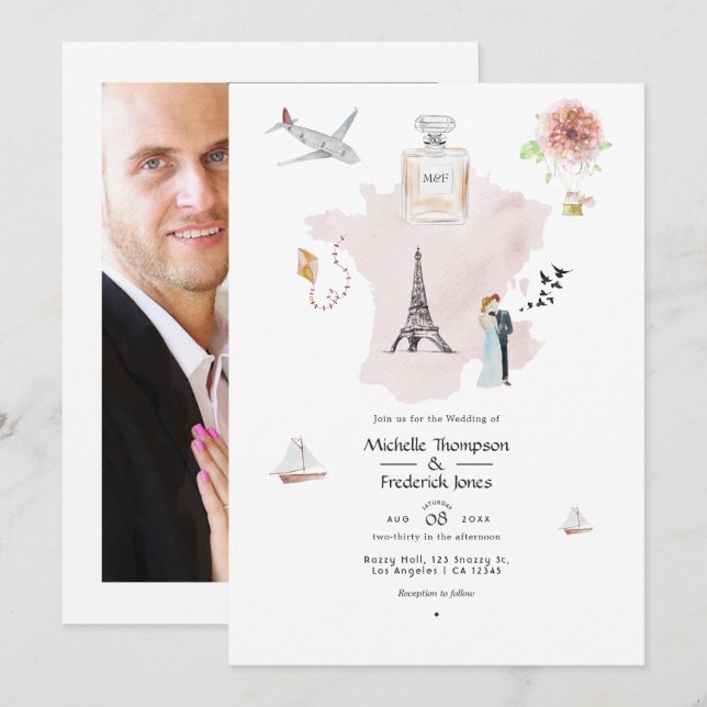 Invitation Aquarelle Paris Destination Mariage Monogramme (Devant / Derrière)