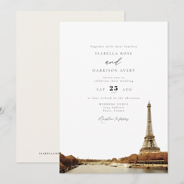 Invitation Aquarelle Paris France Tour Eiffel Ville Mariage (Devant / Derrière)