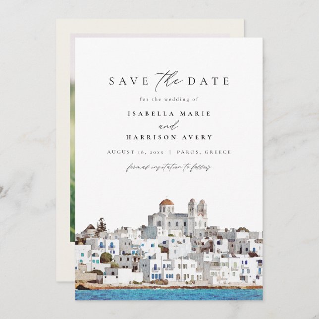 Invitation Aquarelle Paros Grèce Skyline Save the Date (Devant / Derrière)