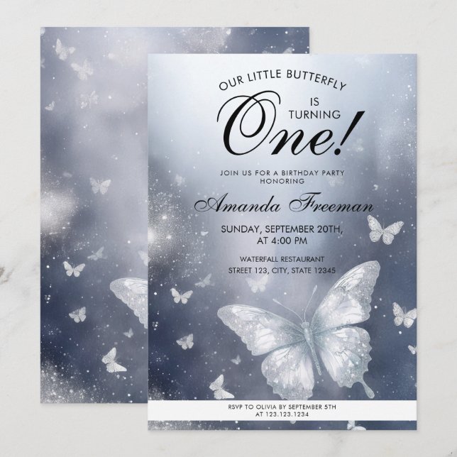 Invitation Aquarelle Parties scintillant Argent Papillon 1er  (Devant / Derrière)