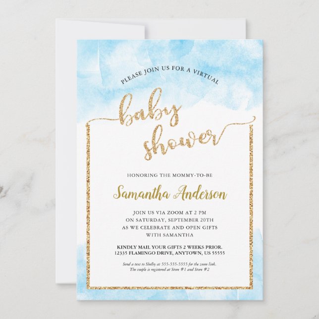 Invitation Aquarelle Parties scintillant or Virtual Baby Boy  (Devant)