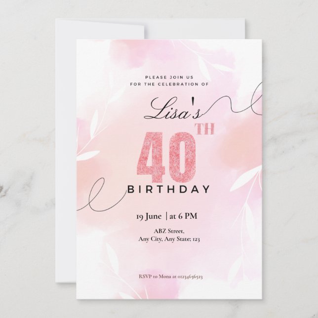 Invitation Aquarelle parties scintillant rose 40e anniversair (Devant)
