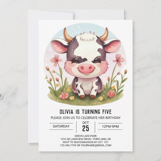 Invitation Aquarelle Pastel Barnyard Vache Anniversaire (Devant)