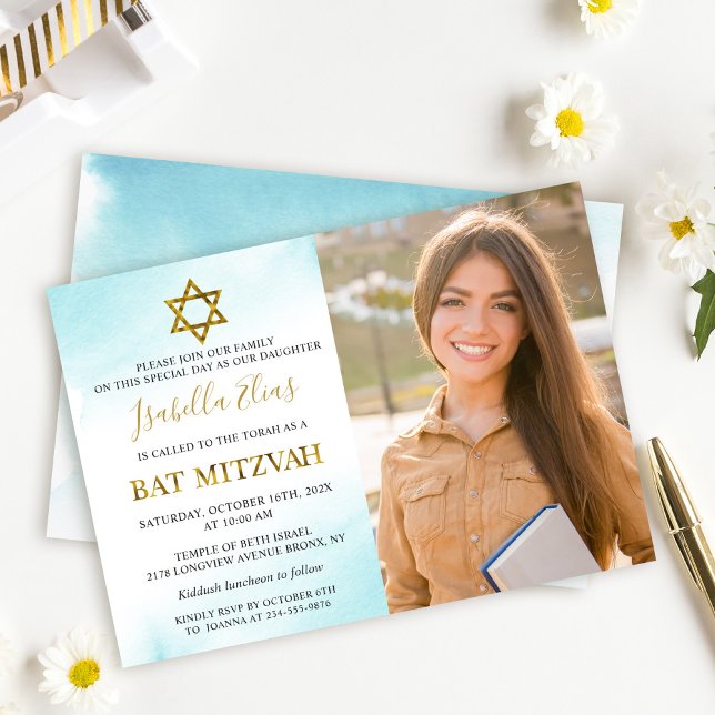 Invitation Aquarelle Pastel Blue Gold Bat mitzvah Photo (Créateur téléchargé)