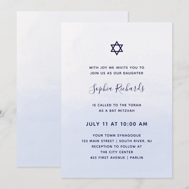 Invitation Aquarelle Pastel Blue Ombre | Bat mitzvah (Devant / Derrière)