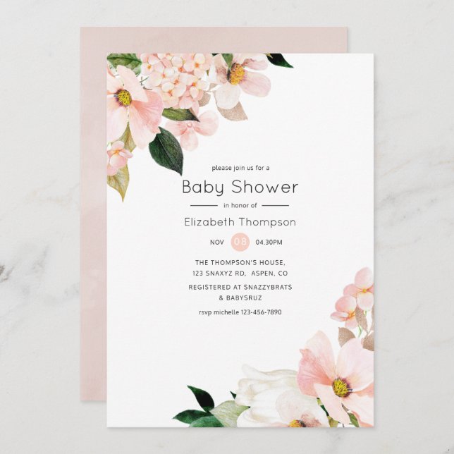 Invitation Aquarelle Pastel Blush rose Baby shower Floral (Devant / Derrière)
