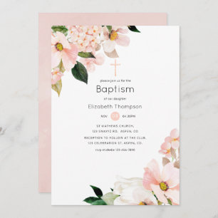 Invitation Aquarelle Pastel Blush Rose Floral Baptême