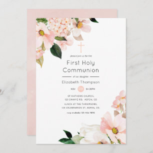 Invitation Aquarelle Pastel Blush Rose Floral Sainte Communio