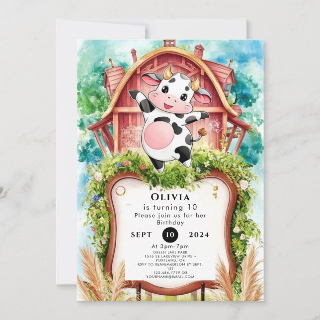 Invitation Aquarelle Pastel Cow Anniversaire (Devant)