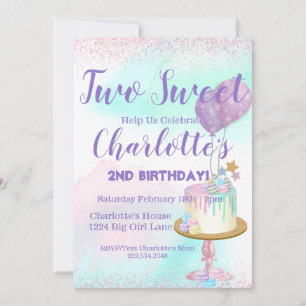 Invitation Aquarelle Pastel Deux Douce Fille 2e Anniversaire