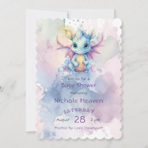 Invitation Aquarelle Pastel Dragon Girl Baby shower mignonne