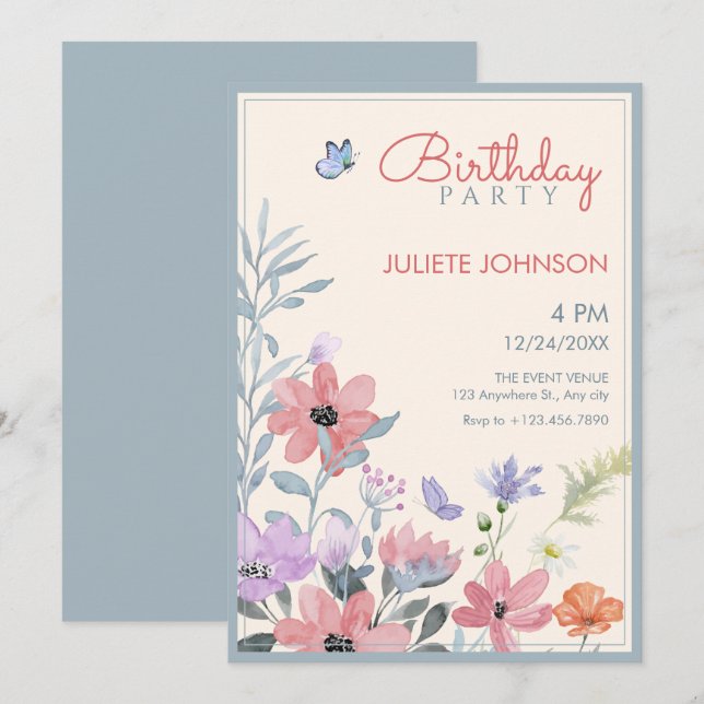 Invitation Aquarelle pastel fleurs papillon anniversaire (Devant / Derrière)