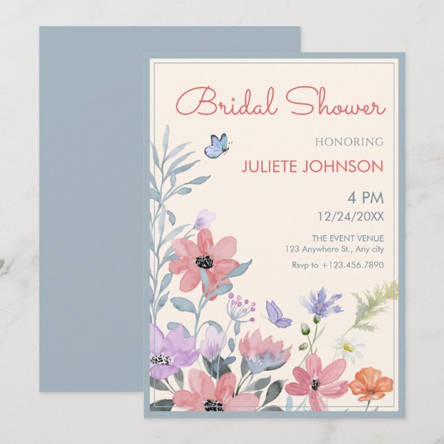 Invitation Aquarelle pastel fleurs papillon nuptiale douche (Devant / Derrière)