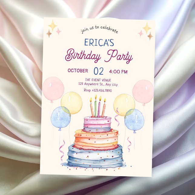 Invitation Aquarelle pastel gâteau d'anniversaire (Créateur téléchargé)