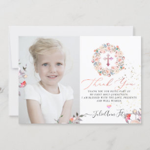 Invitation Aquarelle Pastel Merci de communion Rose
