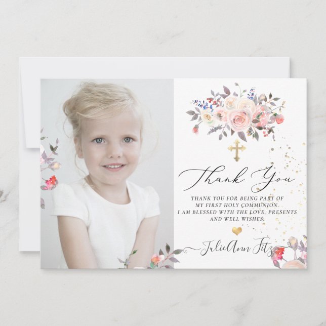 Invitation Aquarelle Pastel Merci de communion Rose (Devant)