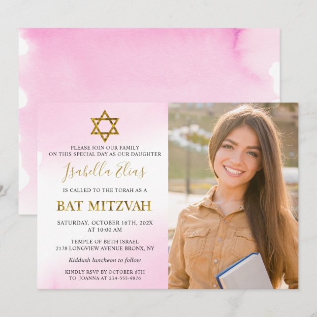 Invitation Aquarelle Pastel Pink Gold Photo Bat mitzvah (Devant / Derrière)