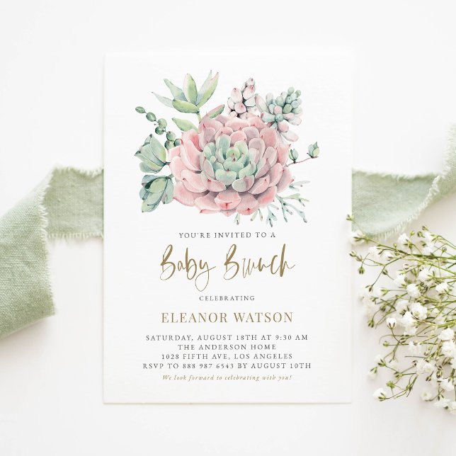 Invitation Aquarelle Pastel Succulents Bébé Brunch (Créateur téléchargé)