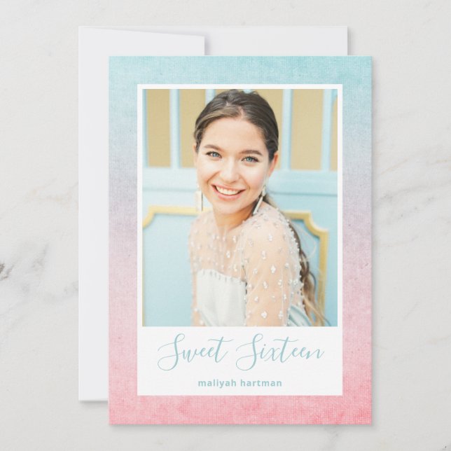 Invitation Aquarelle Pastel Sweet sixteen Photo Anniversaire (Devant)