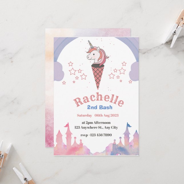 Invitation Aquarelle Pastel Unicorn Boho Style Anniversaire (Devant/Arrière en situation)