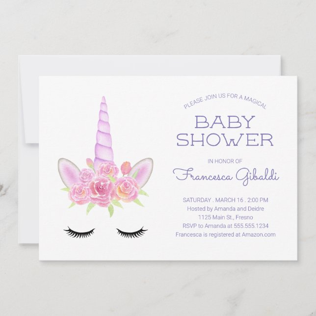 Invitation Aquarelle Pastel Unicorn et Baby shower arc-en-cie (Devant)