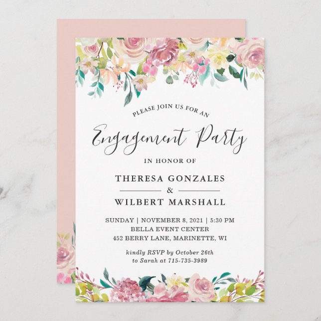 Invitation Aquarelle Patel Blush Floral Engagement Party (Devant / Derrière)