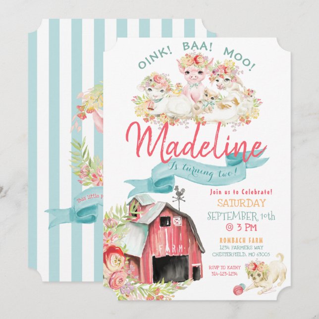 Invitation Aquarelle Pays Agritourisme Animaux Fête d'anniver (Devant / Derrière)