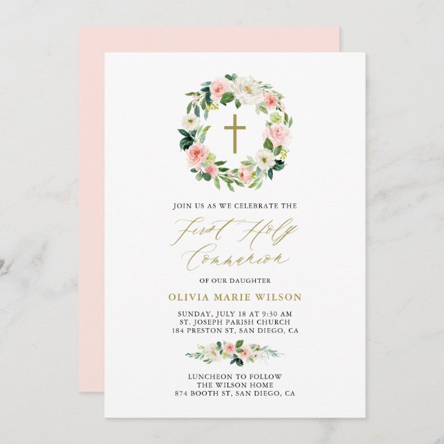 Invitation Aquarelle Peach Florals Première communion sainte (Devant / Derrière)