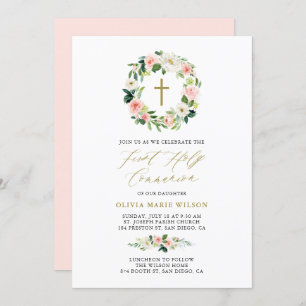 Invitation Aquarelle Peach Florals Première communion sainte