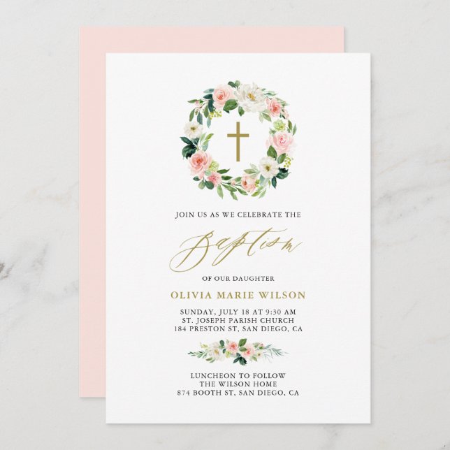 Invitation Aquarelle Peach Flowers Floral Wreath Baptism (Devant / Derrière)