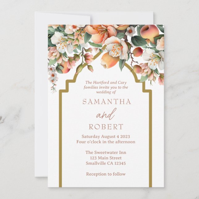 Invitation Aquarelle Peach Gold Floral Mariage (Devant)