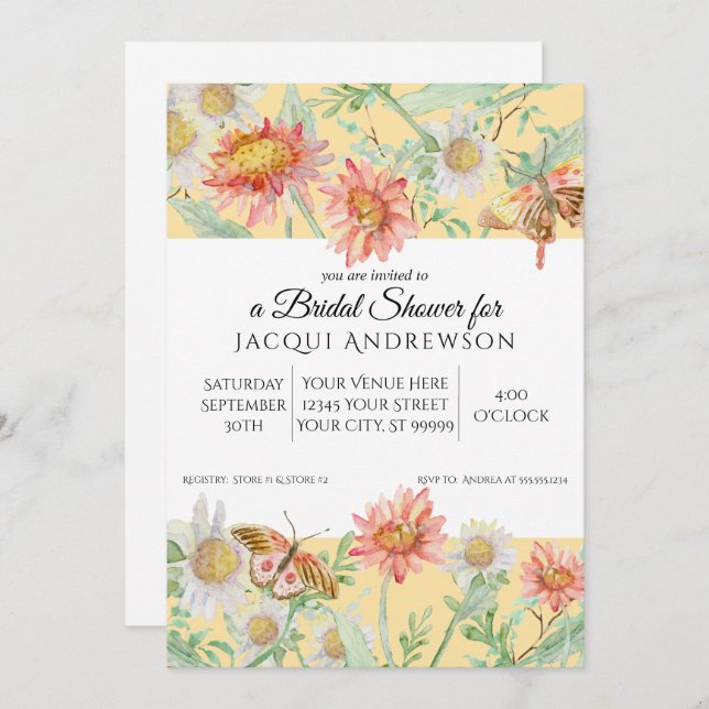 Invitation Aquarelle Peach Jaune Blanc Floral Fête des mariée (Devant / Derrière)