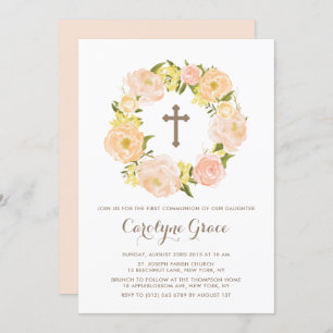 Invitation Aquarelle Peach Peony Wreath Première sainte commu