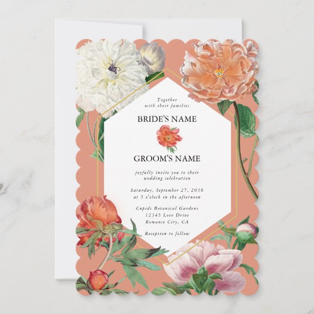 Invitation Aquarelle Peach Pink Peonies Mariage (Devant)