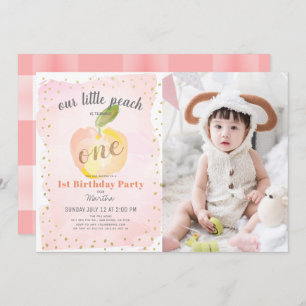 Invitation Aquarelle Peach Pink Photo Girl 1er anniversaire