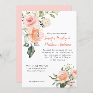 Invitation Aquarelle Peach rose et blanc Roses Mariage