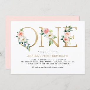 Invitation Aquarelle Peach Rose Fleurs Or Premier Anniversair
