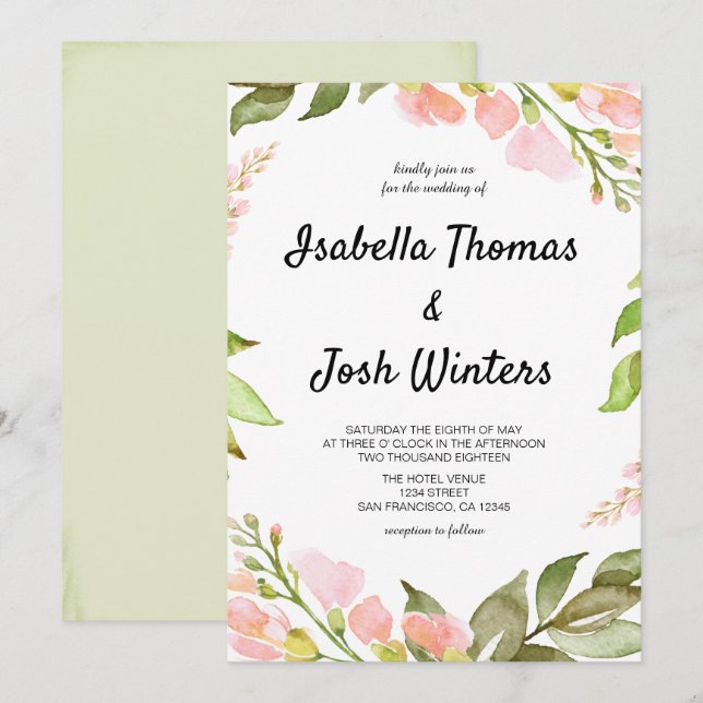 Invitation Aquarelle Peach rose Floral Russe Boho Mariage (Devant / Derrière)