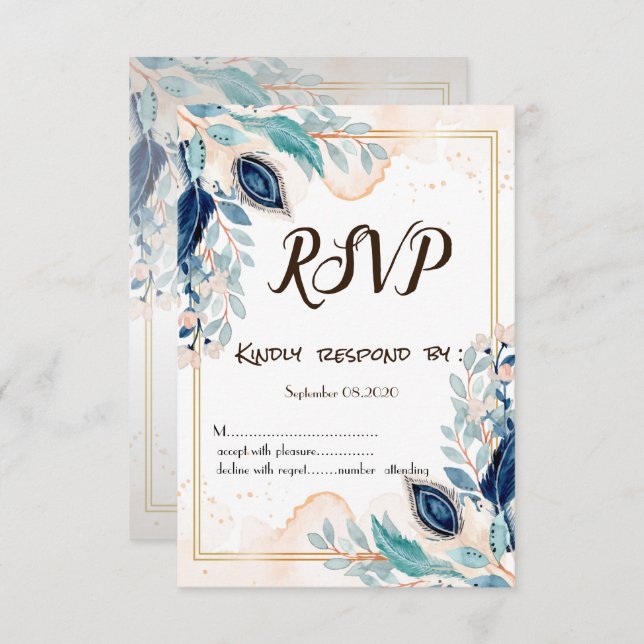 Invitation Aquarelle Peacock Feather Floral RSVP (Devant / Derrière)