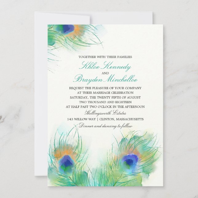 Invitation Aquarelle Peacock Feathers Mariage (Devant)