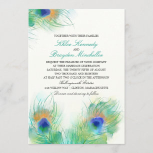 Invitation Aquarelle Peacock Feathers Mariage