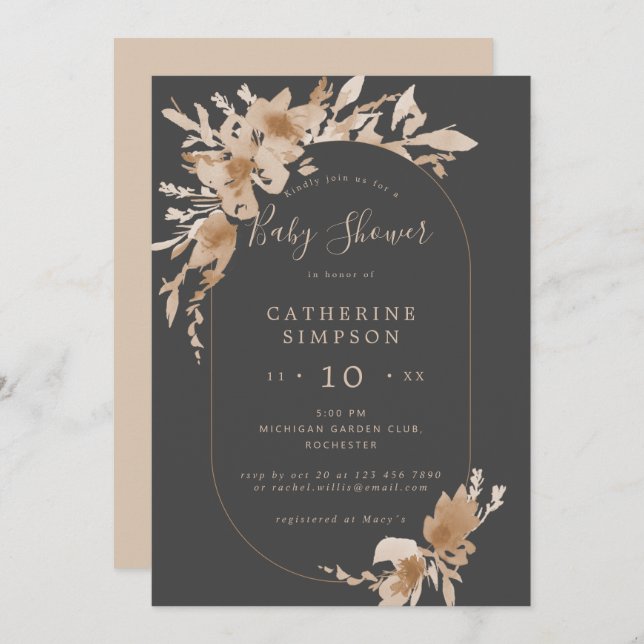 Invitation Aquarelle pêche/ baby shower floral gris beige (Devant / Derrière)